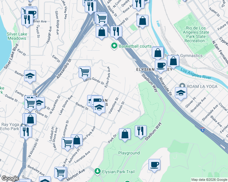 map of restaurants, bars, coffee shops, grocery stores, and more near 2235 Princeton Avenue in Los Angeles