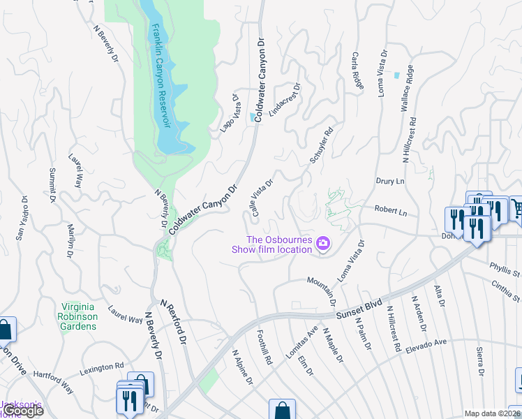 map of restaurants, bars, coffee shops, grocery stores, and more near 1140 Calle Vista Drive in Beverly Hills