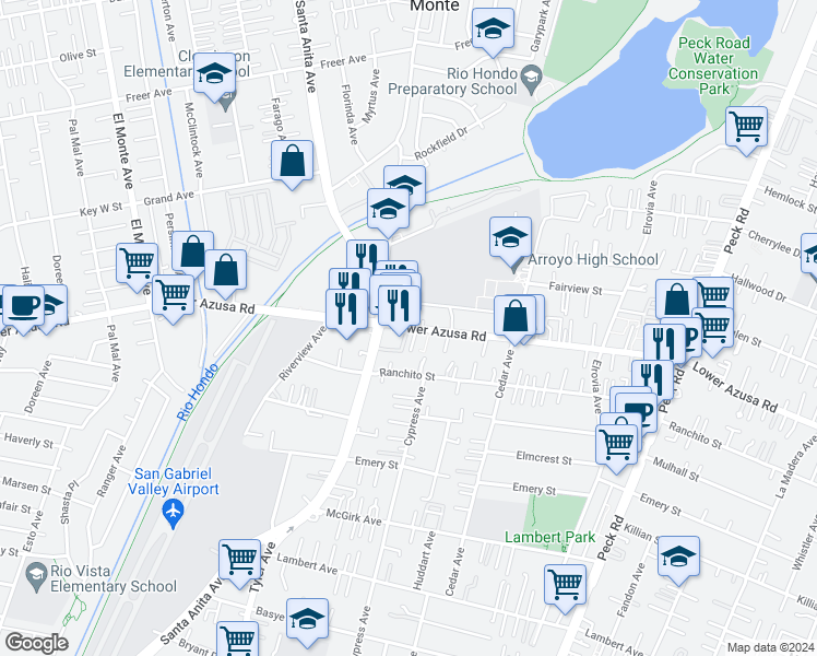 map of restaurants, bars, coffee shops, grocery stores, and more near 11058 Lower Azusa Road in El Monte