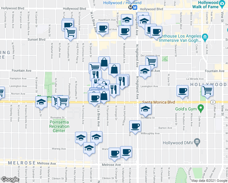 map of restaurants, bars, coffee shops, grocery stores, and more near 1141 North Orange Drive in Los Angeles