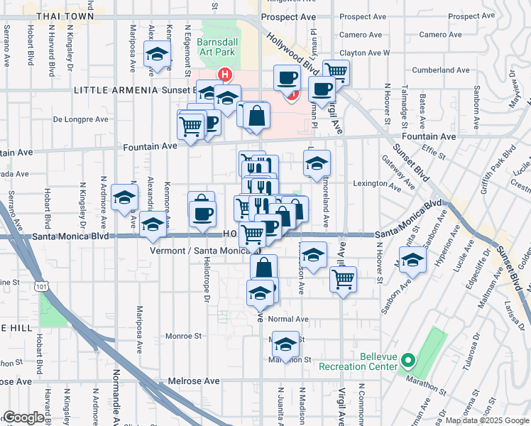 map of restaurants, bars, coffee shops, grocery stores, and more near 1140 North Vermont Avenue in Los Angeles