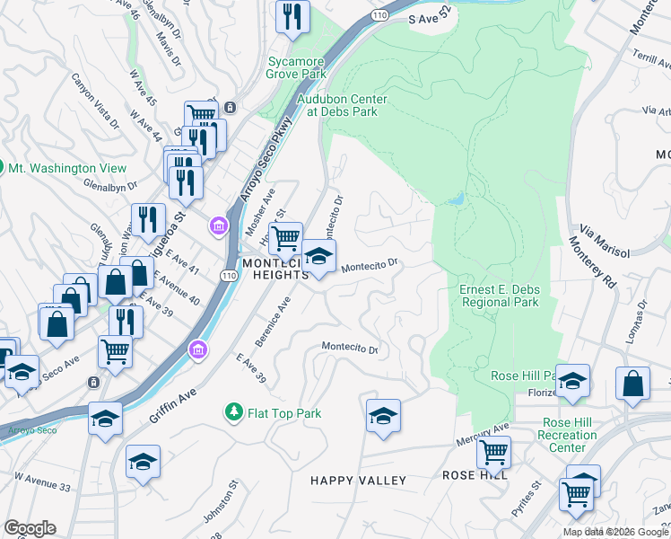 map of restaurants, bars, coffee shops, grocery stores, and more near 535 Montecito Drive in Los Angeles