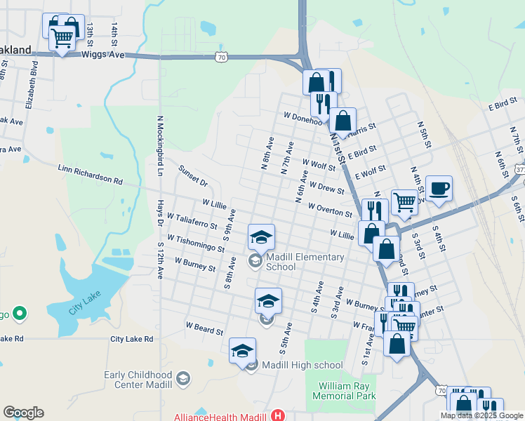 map of restaurants, bars, coffee shops, grocery stores, and more near 708 West Lillie in Madill