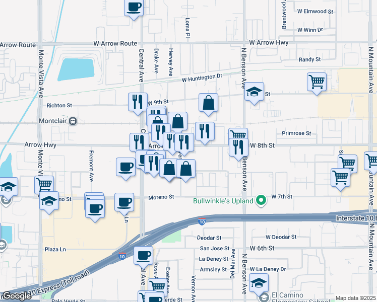 map of restaurants, bars, coffee shops, grocery stores, and more near 5483 Arrow Highway in Montclair