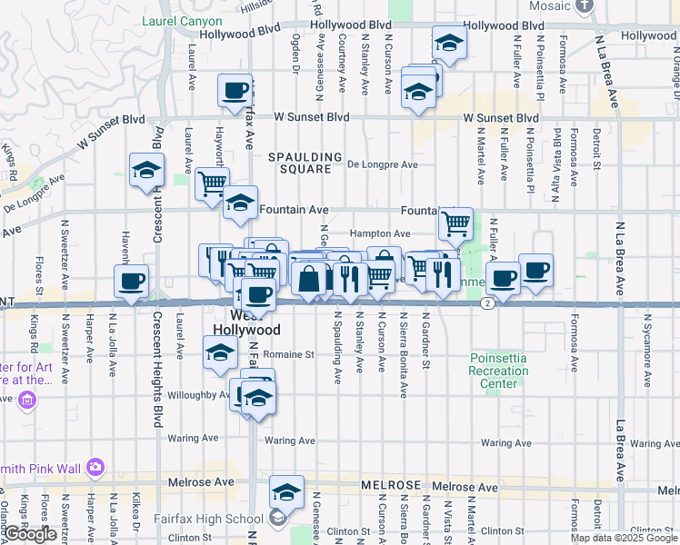 map of restaurants, bars, coffee shops, grocery stores, and more near 7719 Norton Avenue in West Hollywood