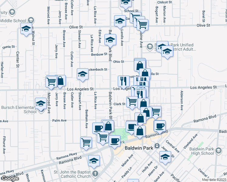map of restaurants, bars, coffee shops, grocery stores, and more near 14210 Los Angeles St in Baldwin Park