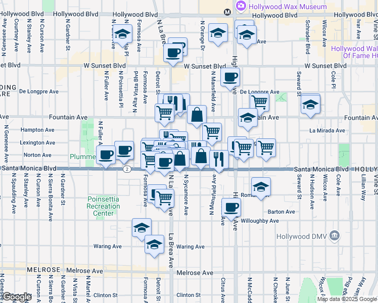 map of restaurants, bars, coffee shops, grocery stores, and more near 1142 North Sycamore Avenue in Los Angeles
