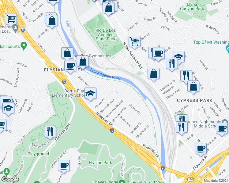map of restaurants, bars, coffee shops, grocery stores, and more near 2358 Glover Place in Los Angeles