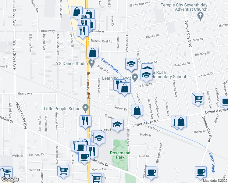 map of restaurants, bars, coffee shops, grocery stores, and more near 5058 Sereno Drive in Temple City