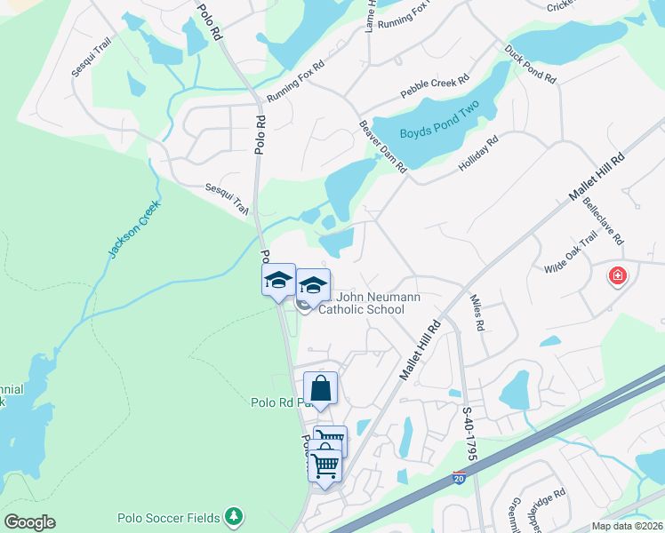 map of restaurants, bars, coffee shops, grocery stores, and more near 20 Baltusrol Court in Columbia
