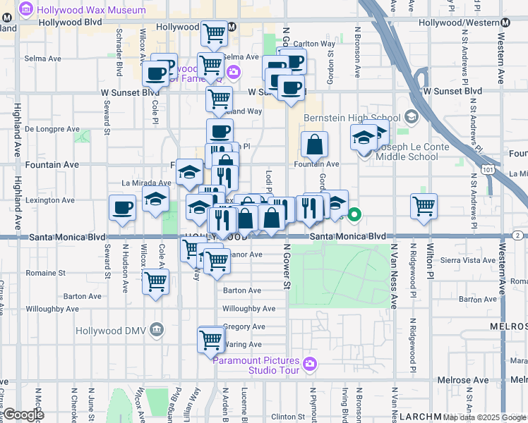 map of restaurants, bars, coffee shops, grocery stores, and more near 1143 Lodi Place in Los Angeles