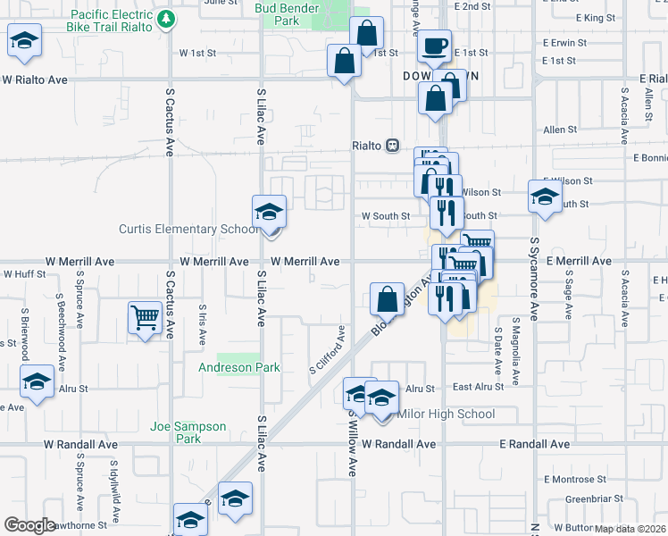 map of restaurants, bars, coffee shops, grocery stores, and more near 303 West Merrill Avenue in Rialto