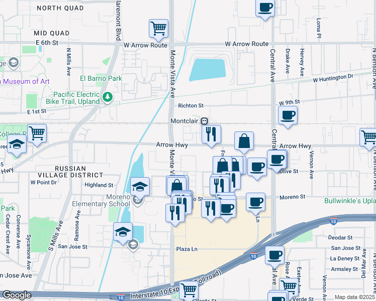 map of restaurants, bars, coffee shops, grocery stores, and more near 8901 Monte Vista Avenue in Montclair