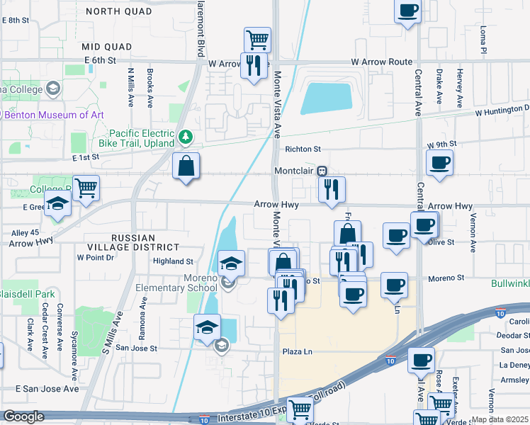 map of restaurants, bars, coffee shops, grocery stores, and more near 4861 East Arrow Highway in Montclair