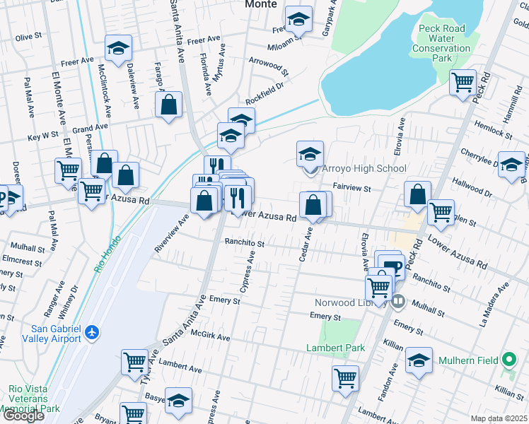 map of restaurants, bars, coffee shops, grocery stores, and more near 11057 Lower Azusa Road in El Monte