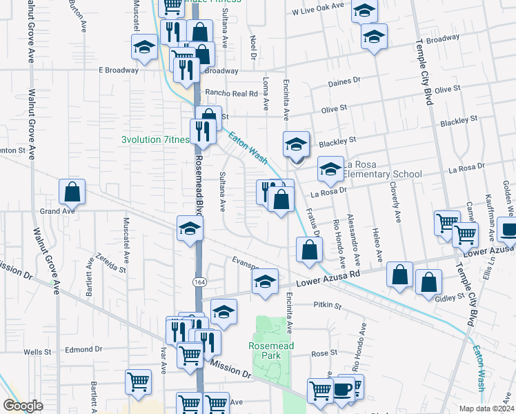 map of restaurants, bars, coffee shops, grocery stores, and more near 5058 Sereno Drive in Temple City
