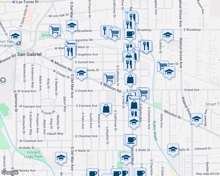 map of restaurants, bars, coffee shops, grocery stores, and more near 611 East Mission Road in San Gabriel