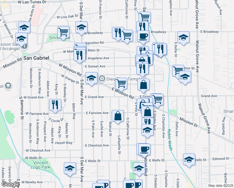 map of restaurants, bars, coffee shops, grocery stores, and more near 826 Lafayette Street in San Gabriel