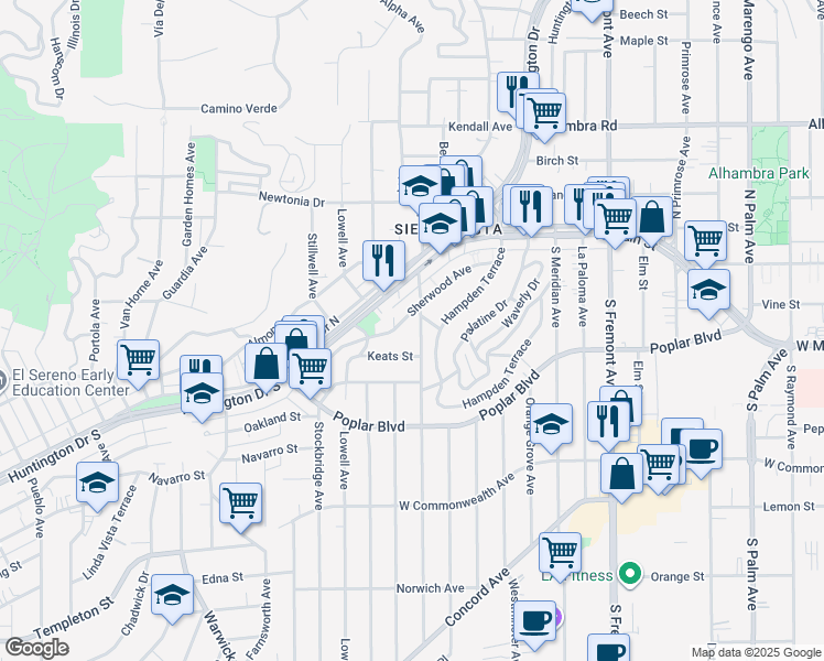 map of restaurants, bars, coffee shops, grocery stores, and more near 73 Westmont Drive in Alhambra