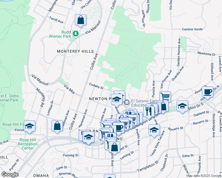 map of restaurants, bars, coffee shops, grocery stores, and more near 1211 Cudahy Street in Los Angeles