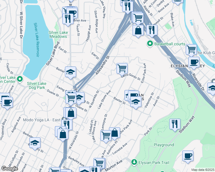 map of restaurants, bars, coffee shops, grocery stores, and more near 2074 Cerro Gordo Street in Los Angeles