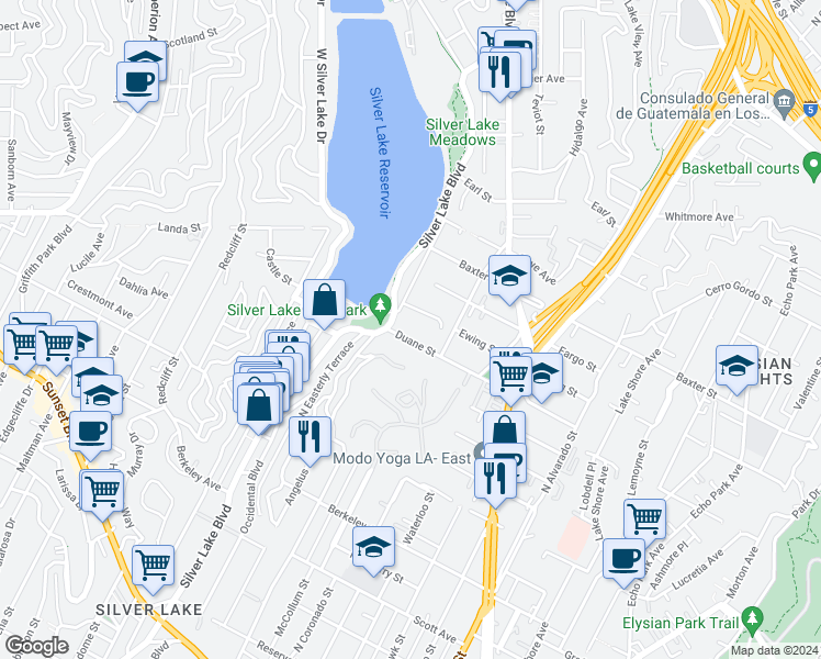 map of restaurants, bars, coffee shops, grocery stores, and more near 2345 Duane Street in Los Angeles