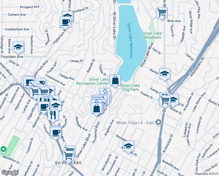 map of restaurants, bars, coffee shops, grocery stores, and more near 1842 Westerly Terrace in Los Angeles