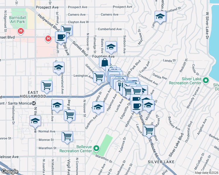 map of restaurants, bars, coffee shops, grocery stores, and more near 1071 Manzanita Street in Los Angeles