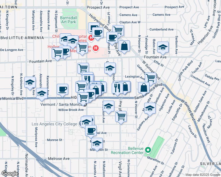 map of restaurants, bars, coffee shops, grocery stores, and more near 1137 North Westmoreland Avenue in Los Angeles
