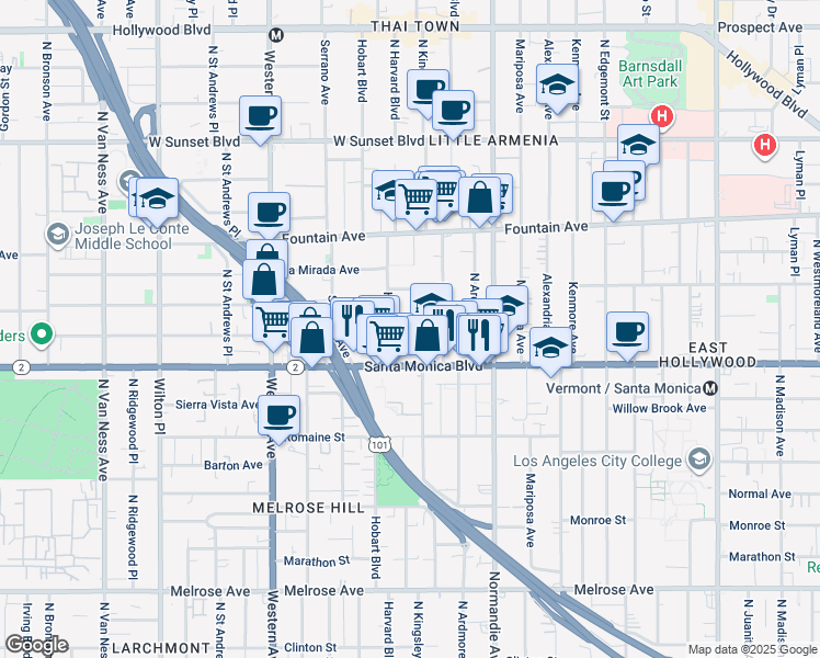 map of restaurants, bars, coffee shops, grocery stores, and more near 5229 Virginia Avenue in Los Angeles