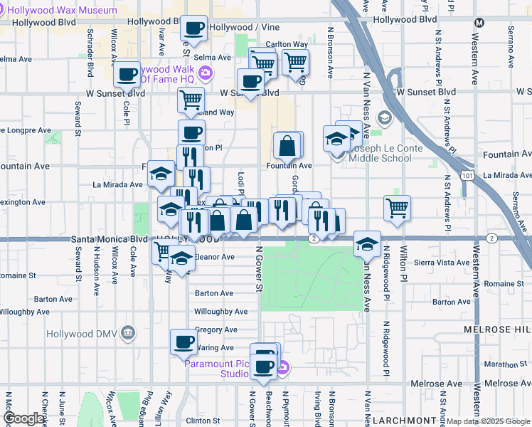 map of restaurants, bars, coffee shops, grocery stores, and more near 1143 North Beachwood Drive in Los Angeles