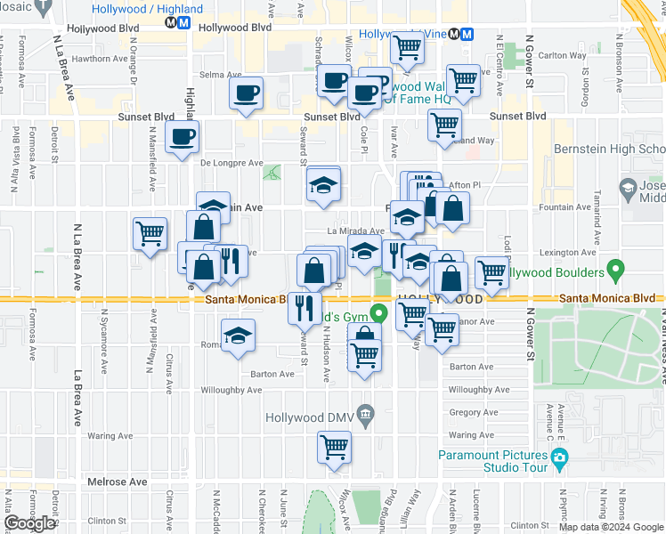 map of restaurants, bars, coffee shops, grocery stores, and more near 1143 Wilcox Place in Los Angeles