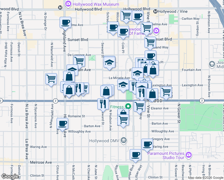 map of restaurants, bars, coffee shops, grocery stores, and more near 1143 Wilcox Place in Los Angeles
