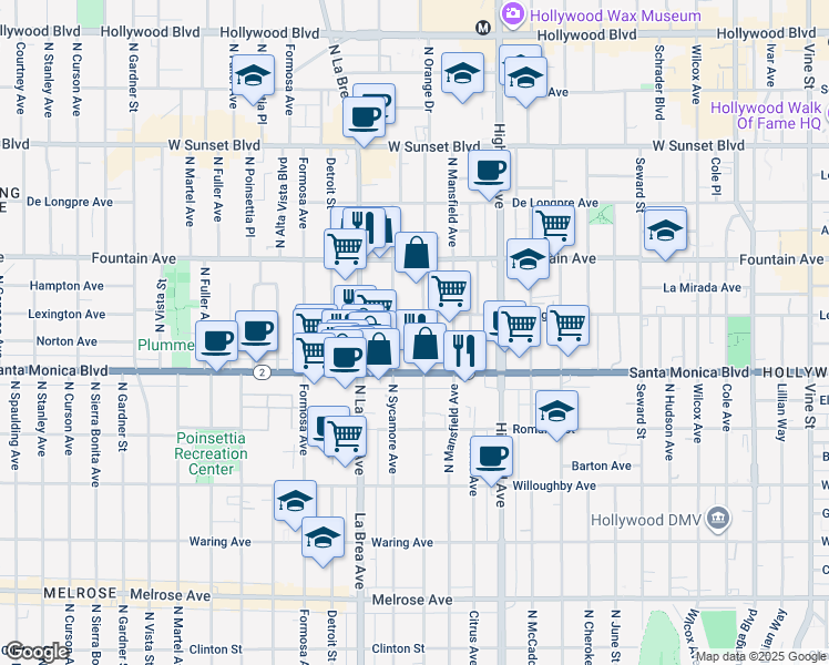 map of restaurants, bars, coffee shops, grocery stores, and more near 1142 North Sycamore Avenue in Los Angeles