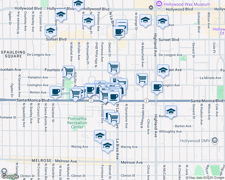 map of restaurants, bars, coffee shops, grocery stores, and more near 1139 North Detroit Street in West Hollywood