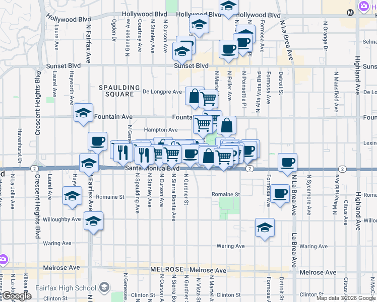 map of restaurants, bars, coffee shops, grocery stores, and more near 1147 North Gardner Street in Los Angeles