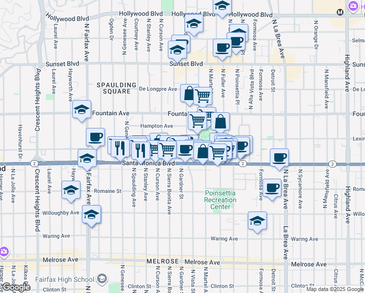 map of restaurants, bars, coffee shops, grocery stores, and more near 1147 North Gardner Street in Los Angeles