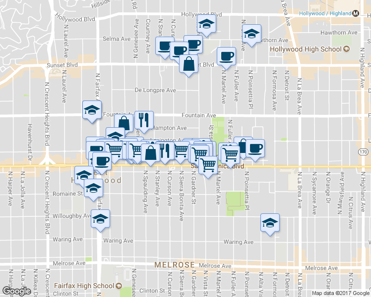 map of restaurants, bars, coffee shops, grocery stores, and more near 7551 Norton Avenue in West Hollywood