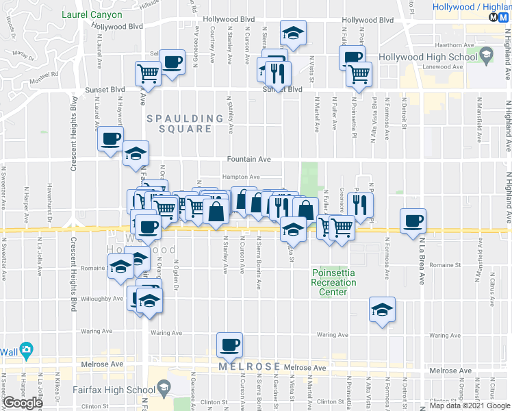 map of restaurants, bars, coffee shops, grocery stores, and more near 7551 Norton Avenue in West Hollywood