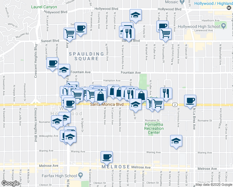 map of restaurants, bars, coffee shops, grocery stores, and more near 7551 Norton Avenue in West Hollywood