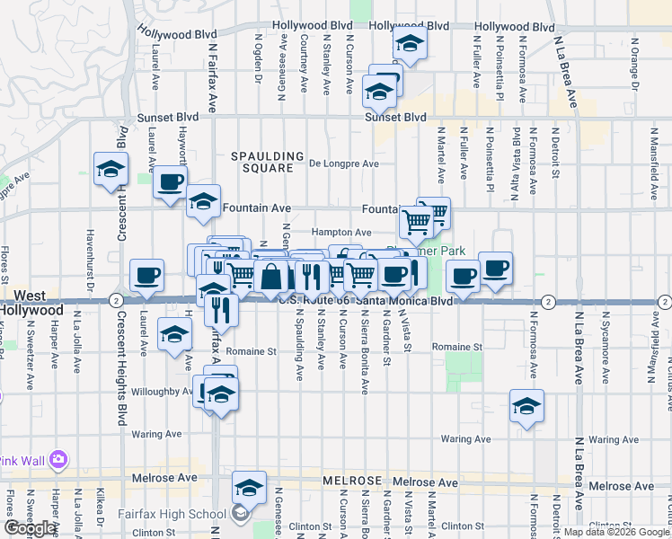 map of restaurants, bars, coffee shops, grocery stores, and more near 7627 Norton Avenue in West Hollywood