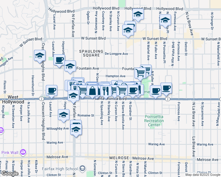 map of restaurants, bars, coffee shops, grocery stores, and more near 7627 Norton Avenue in West Hollywood
