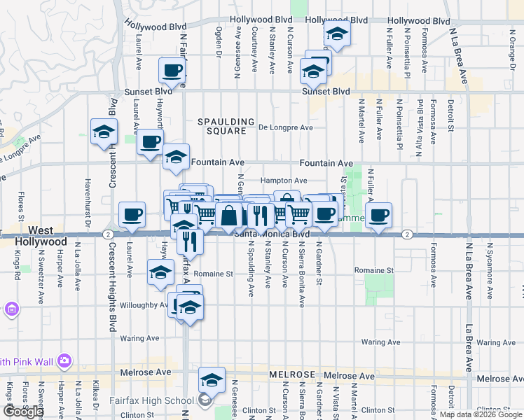 map of restaurants, bars, coffee shops, grocery stores, and more near 7725 Norton Avenue in West Hollywood