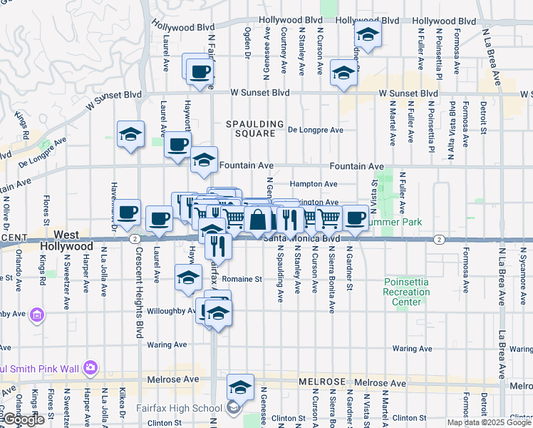 map of restaurants, bars, coffee shops, grocery stores, and more near 1136 North Ogden Drive in West Hollywood