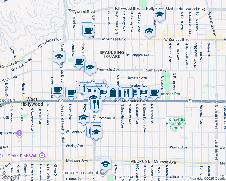 map of restaurants, bars, coffee shops, grocery stores, and more near 1136 North Ogden Drive in West Hollywood