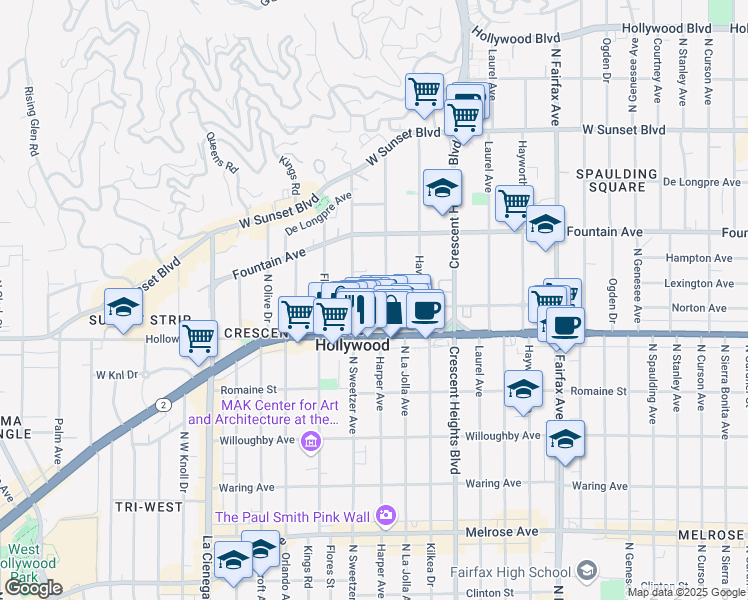 map of restaurants, bars, coffee shops, grocery stores, and more near 8261 Norton Avenue in West Hollywood