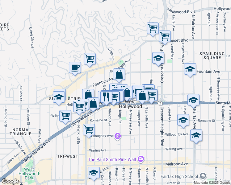 map of restaurants, bars, coffee shops, grocery stores, and more near 1210 North Kings Road in West Hollywood