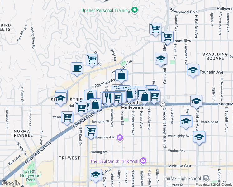 map of restaurants, bars, coffee shops, grocery stores, and more near 1210 North Kings Road in West Hollywood
