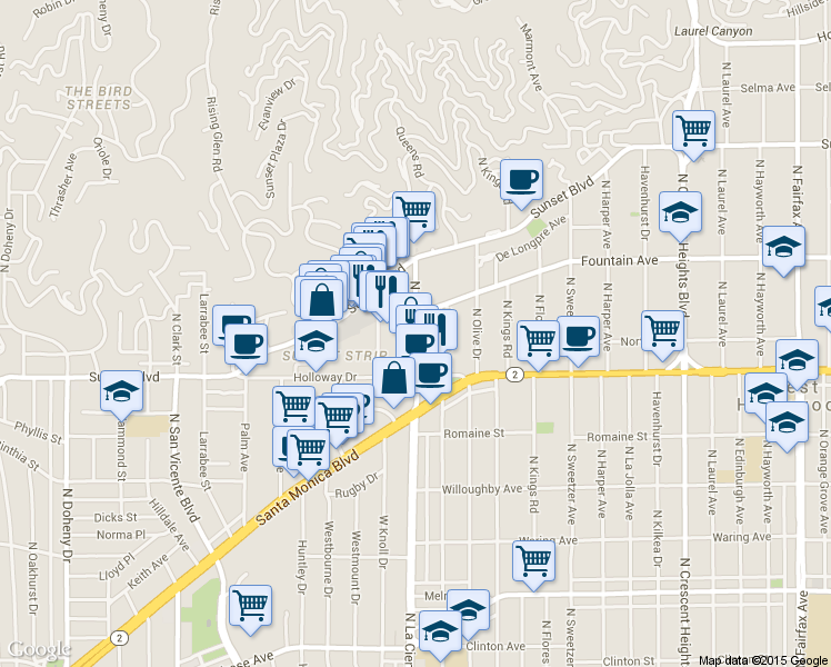 map of restaurants, bars, coffee shops, grocery stores, and more near 1155 La Cienega Boulevard in West Hollywood