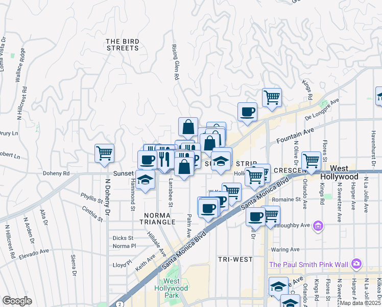 map of restaurants, bars, coffee shops, grocery stores, and more near 8780 Shoreham Drive in West Hollywood